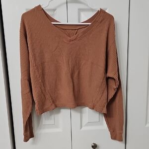 Aeropostale Women's V-Neck Ribbed Sweatshirt - Tan